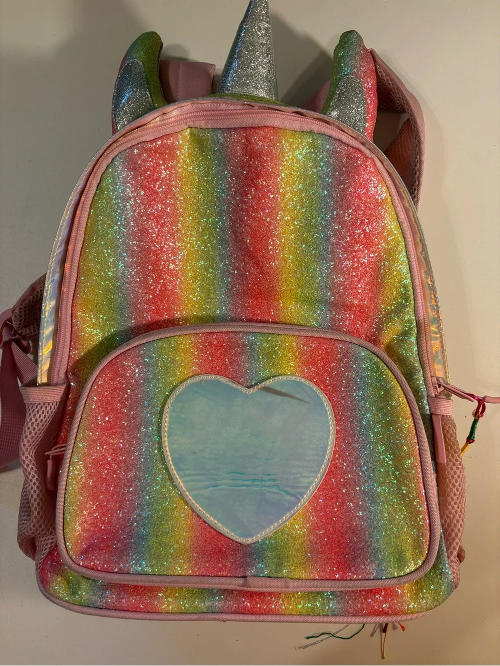 Girls Rainbow Glitter Unicorn Backpack with Heart Front Pocket - Pink